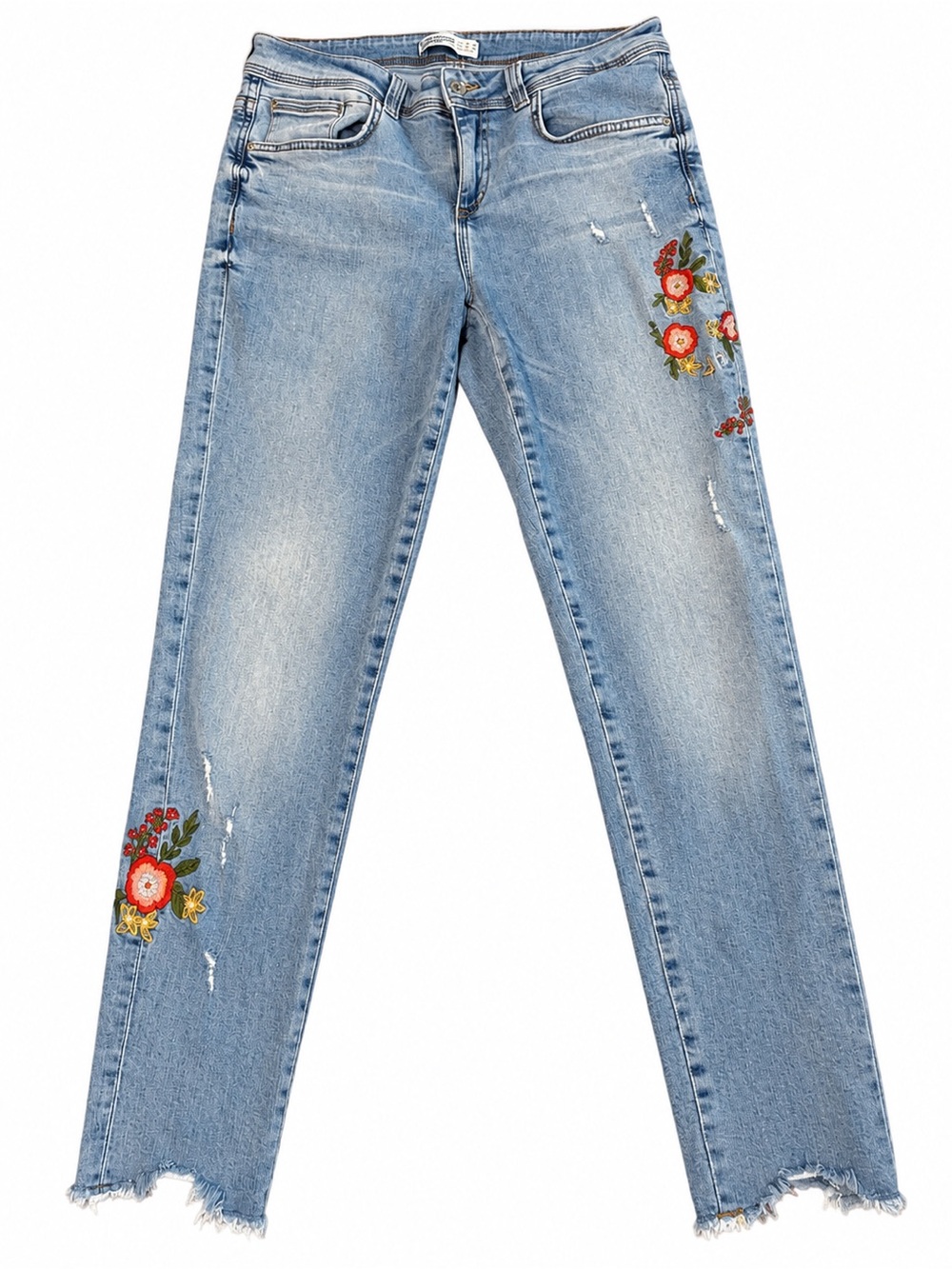 Zara Basic Z1975 Denim floral embroidered distressed jeans, size US 6 / EUR 38.